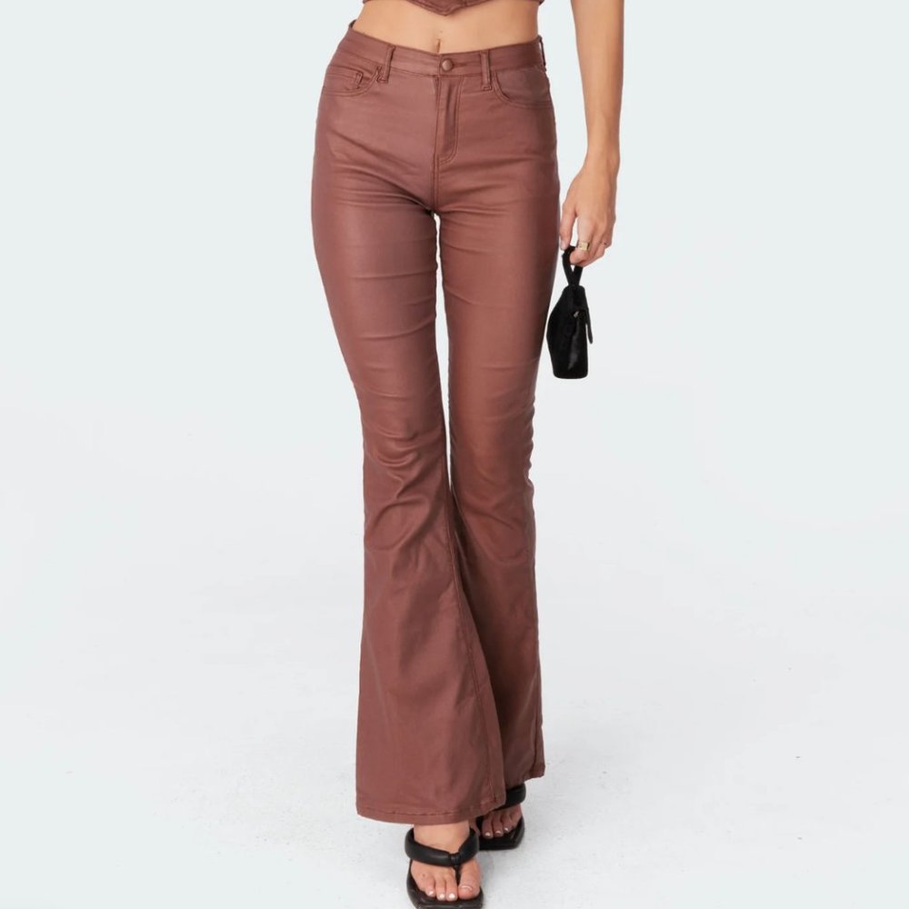 EDIKTED Luna Faux Leather Flare Jeans (Size Small)